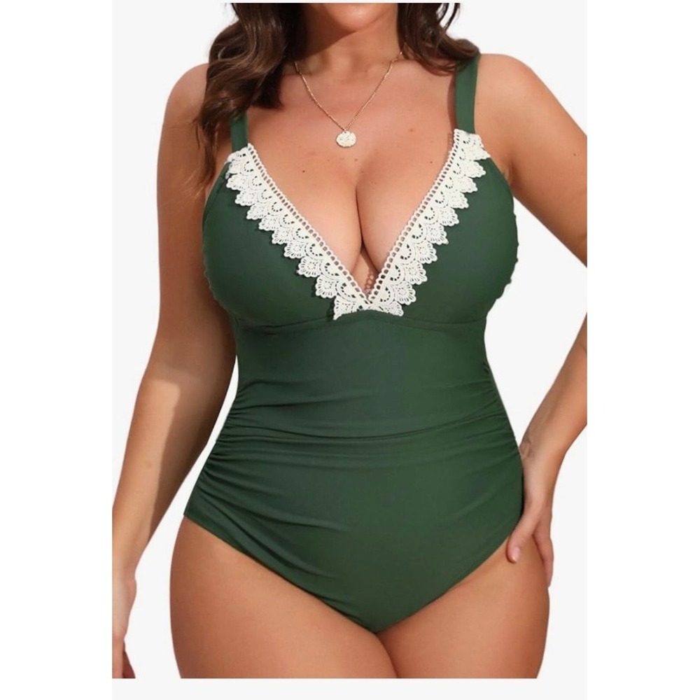Cupshe Olive Green Ruched Lace Trim Plunging Neck OnePiece Swimsuit, Size M, NWT